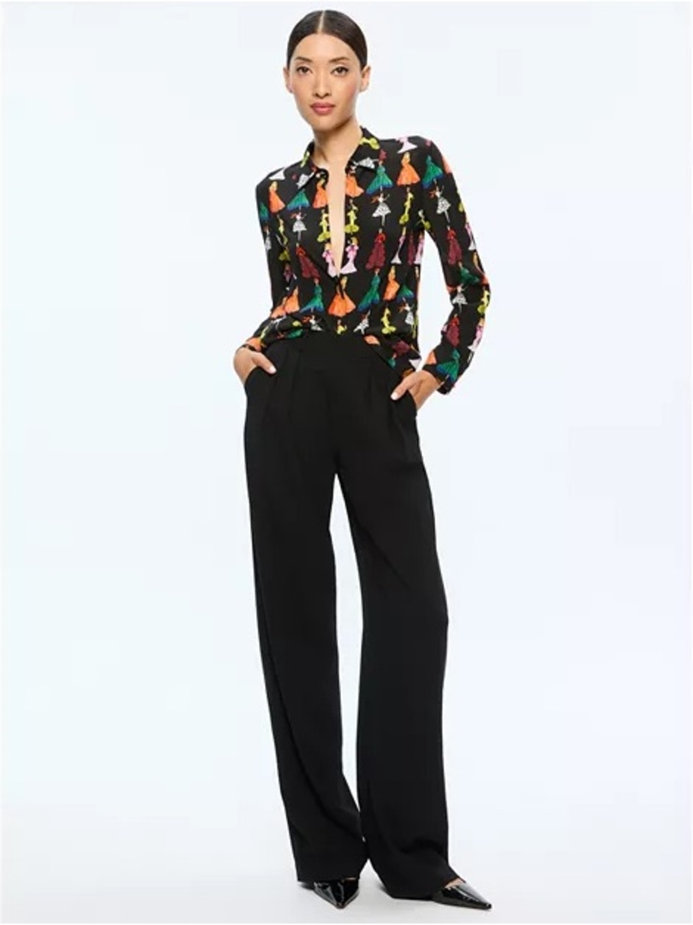 Alice + Olivia Black Button-Down Blouse with Multicolor Fashion-Figure Print - Picture 3 of 5